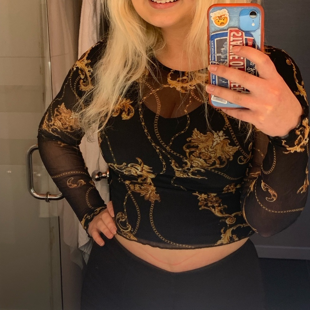Black and Gold completely sheer Long Sleeve Top chain design
